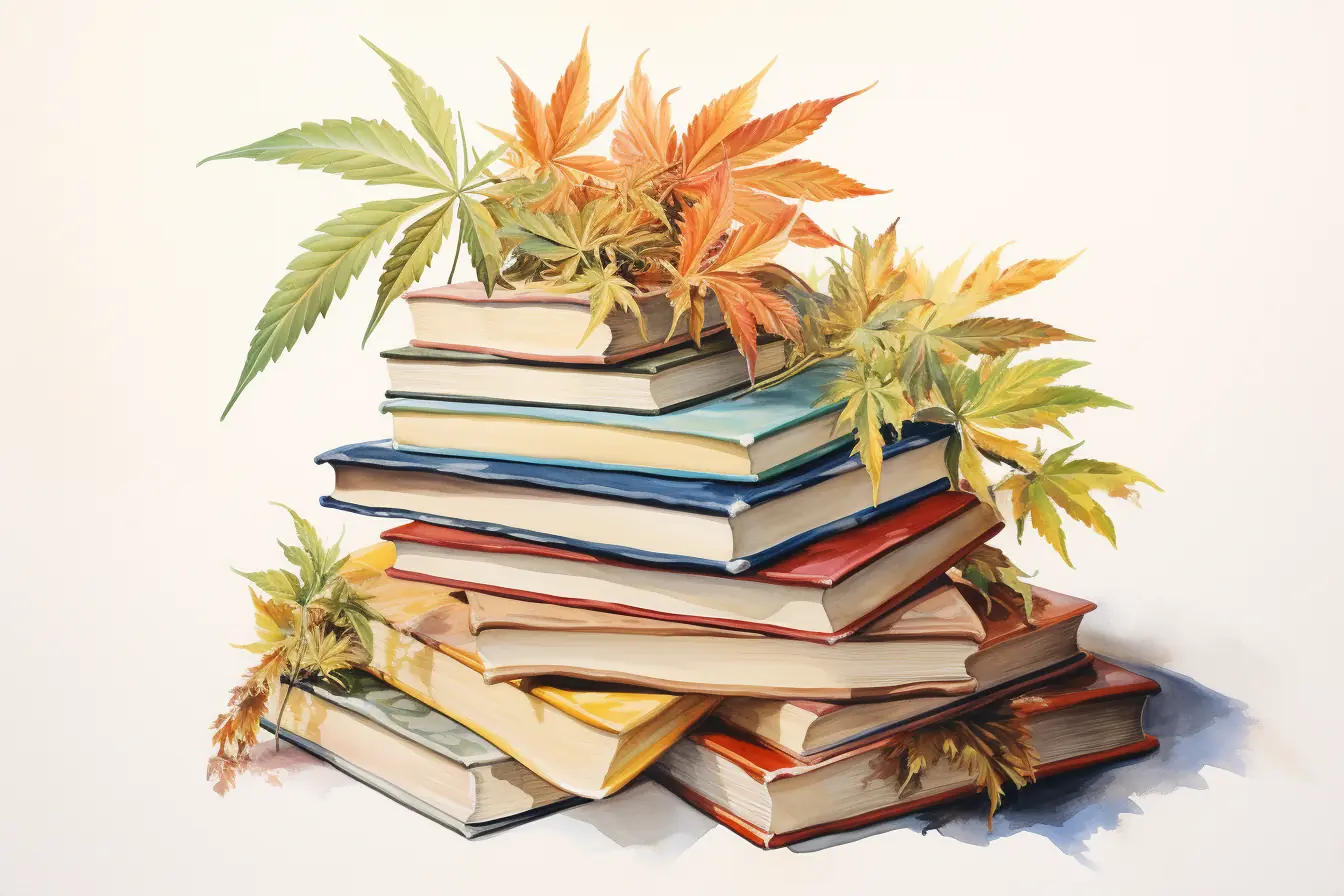 Aufeinander liegende Bücher sind mit Blättern von Cannabis geschmückt.